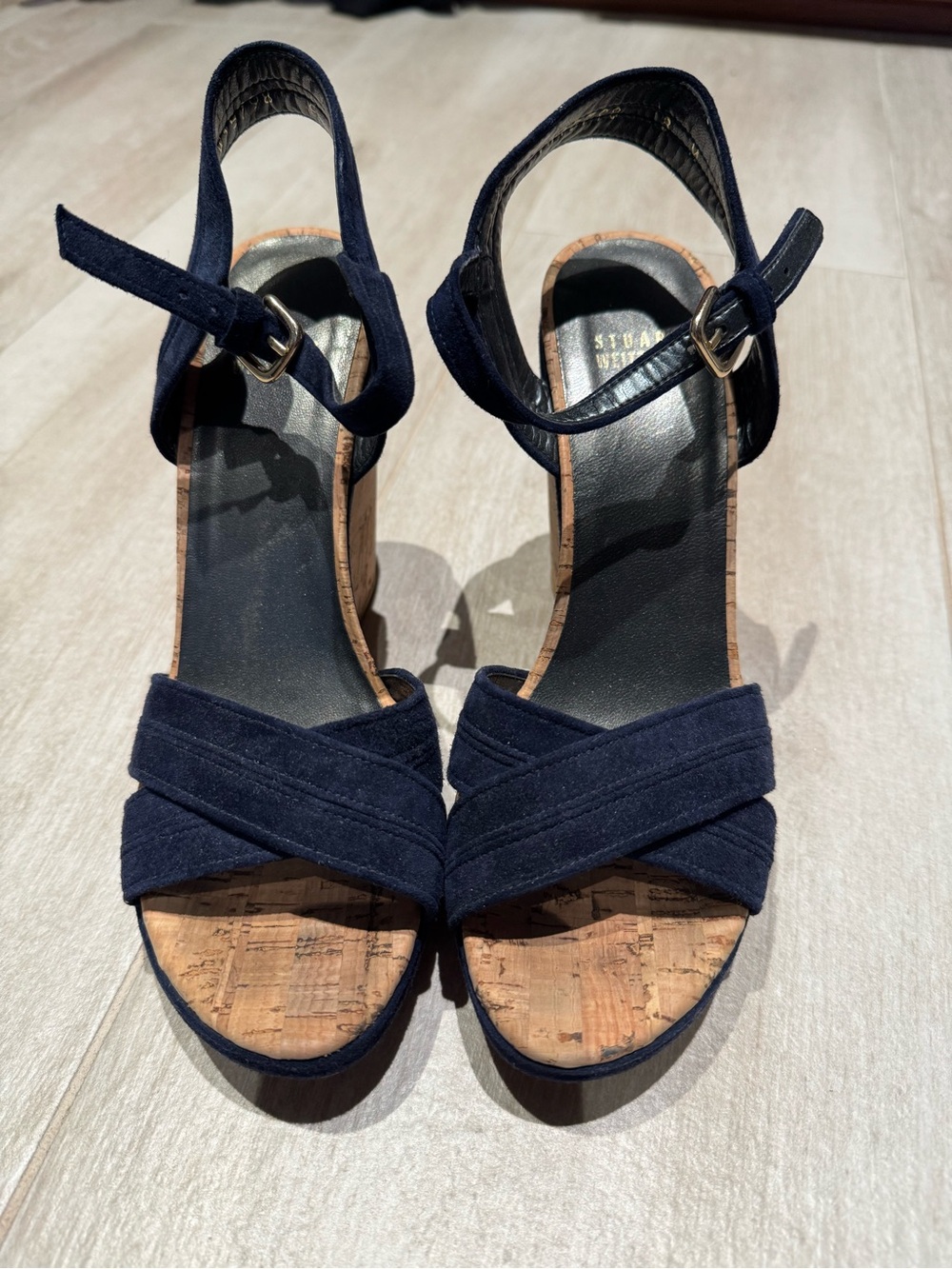 Stuart Weitzman Navy Suede Cork Wedge Sandals Size 8